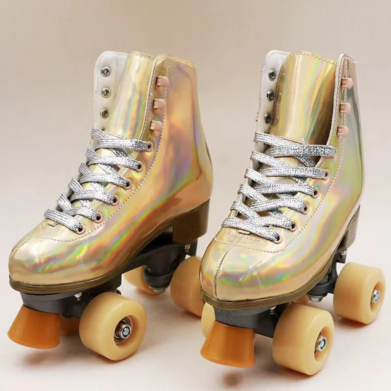 

Women Girls Gold PVC Leather Roller Skates Skating Shoes Sliding Inline Quad Skates Sneakers Training 4 Wheels pu Wheel