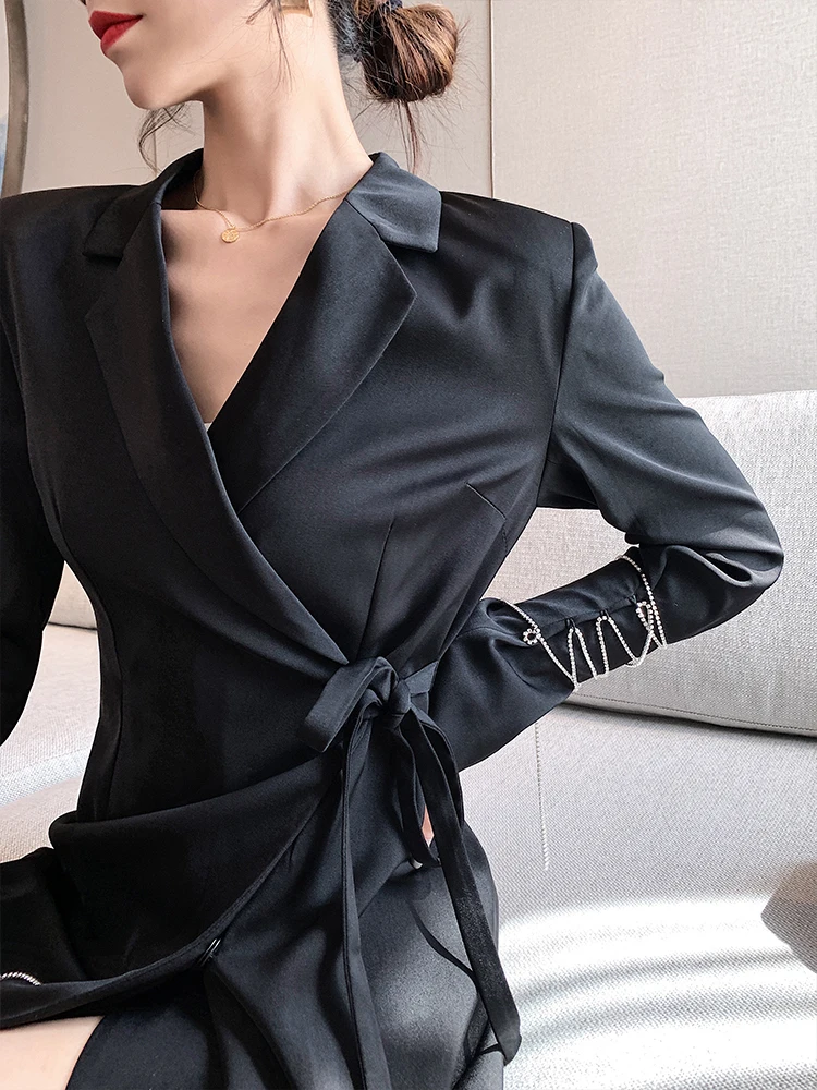 Женский офисный пиджак на шнуровке черное облегающее платье-блейзер с длинным