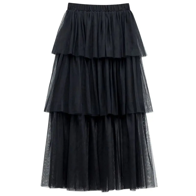 

High Waist Pleated Skirt Pleated Patchwork 2020 Summer Black Elastic Waist Goddess Fan Casual Loose Style Skirt P076