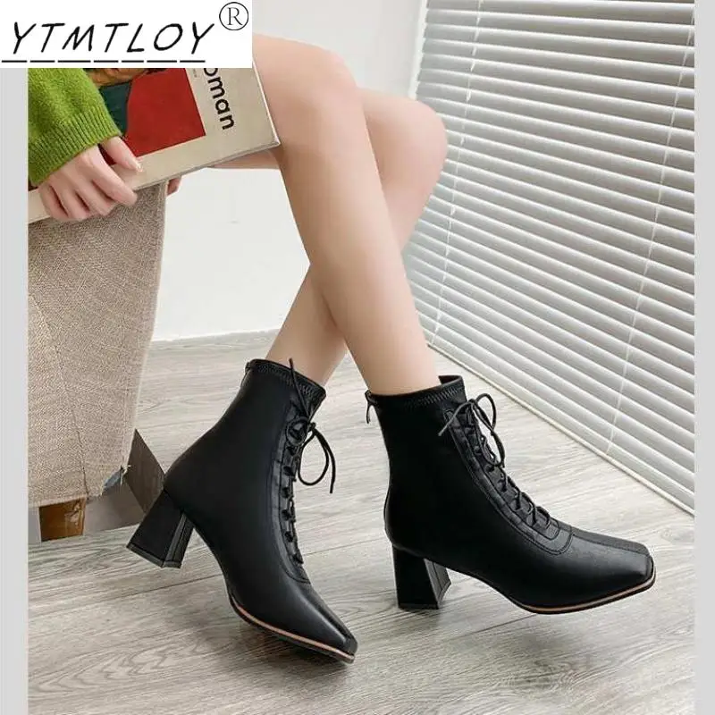

Thick High-heeled Leather Ankle Boots With Laces And Women's Pointed-toe Square Heels 2021 New Autumn And Winter
