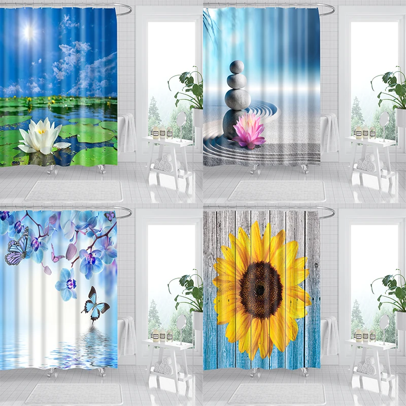 

Современные занавески для ванны с принтом подсолнухов и лотосов, занавески для ванны, наборы для душа с крючками, декор для экрана из полиэс...