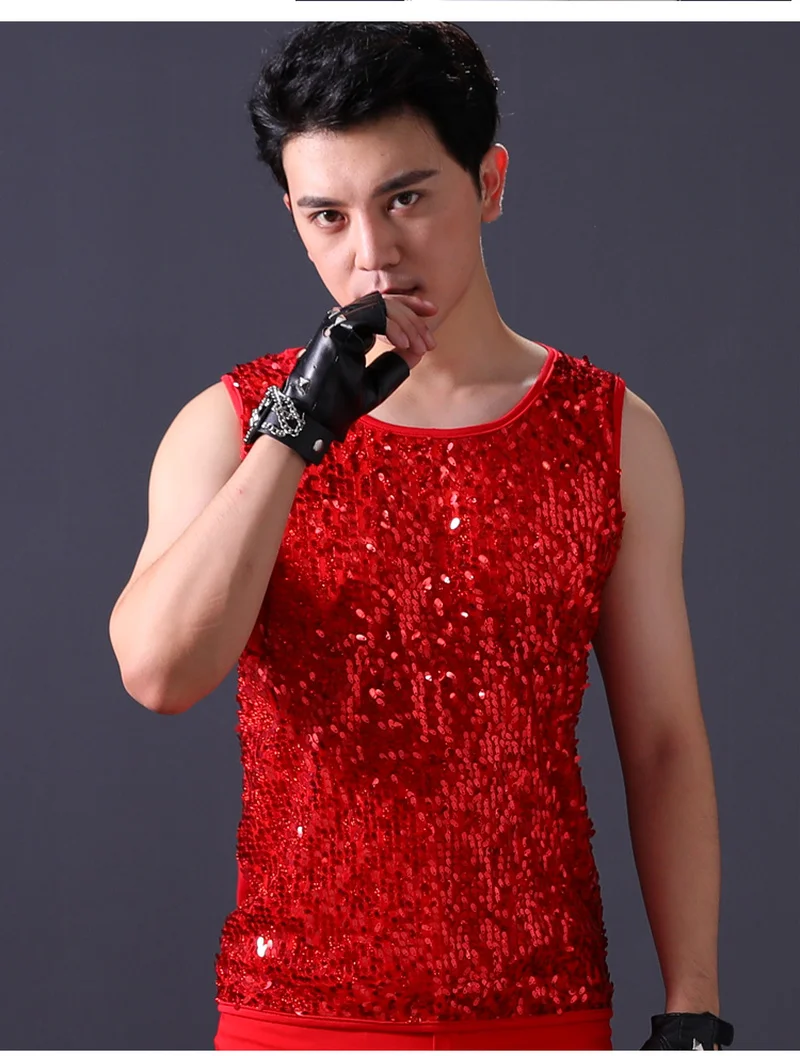 Nightclub Adult Costumes Tight Sexy Slim Elastic Sequined Vest Hair Stylist DJ Singer DS Male Men Clothing 2020 Tank Top | Мужская
