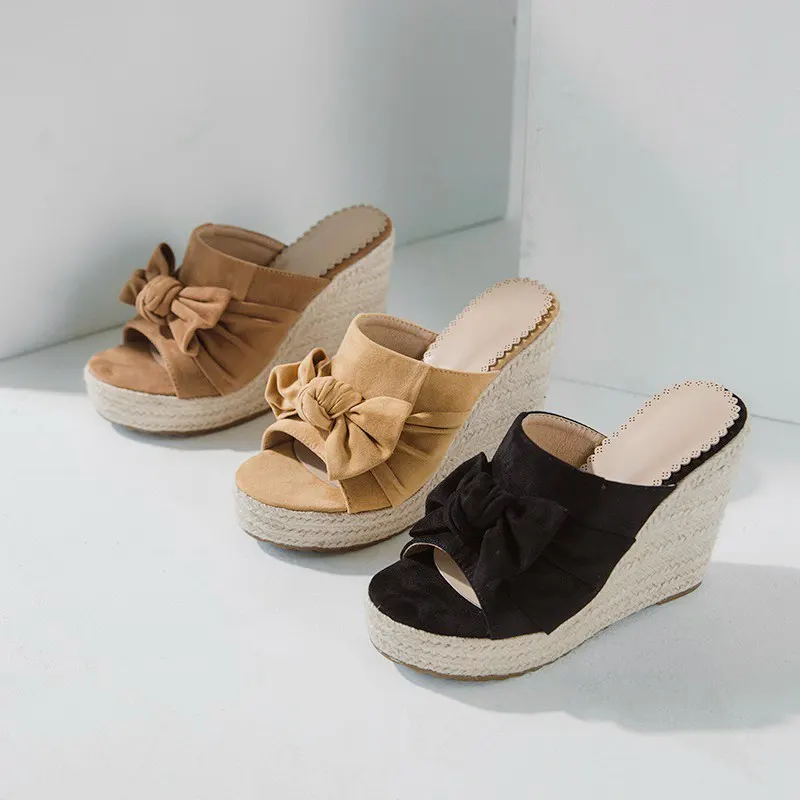 

Fanyuan Women Sandals Open Toe Solid Color Bowtie Wedges Shoes For Women Simple Casual Outdoor Daily Mujer Slippers Size 34-43