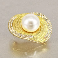 trendy 14mm whitegray pearl big brooch pin with shiny zircon rhodiumgold plating brass jewelry for wife