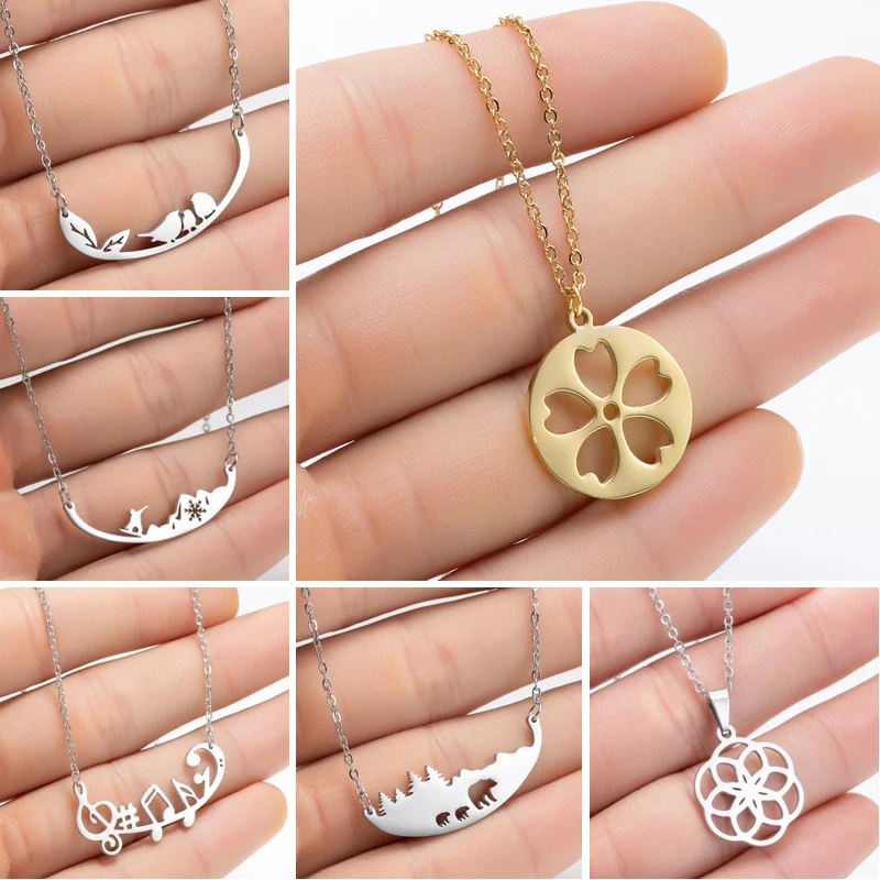 

Fashion Cherry Blossoms Pendant Necklaces Stainless Steel Jewelry Design Bird Music Bear Necklace Choker 2020