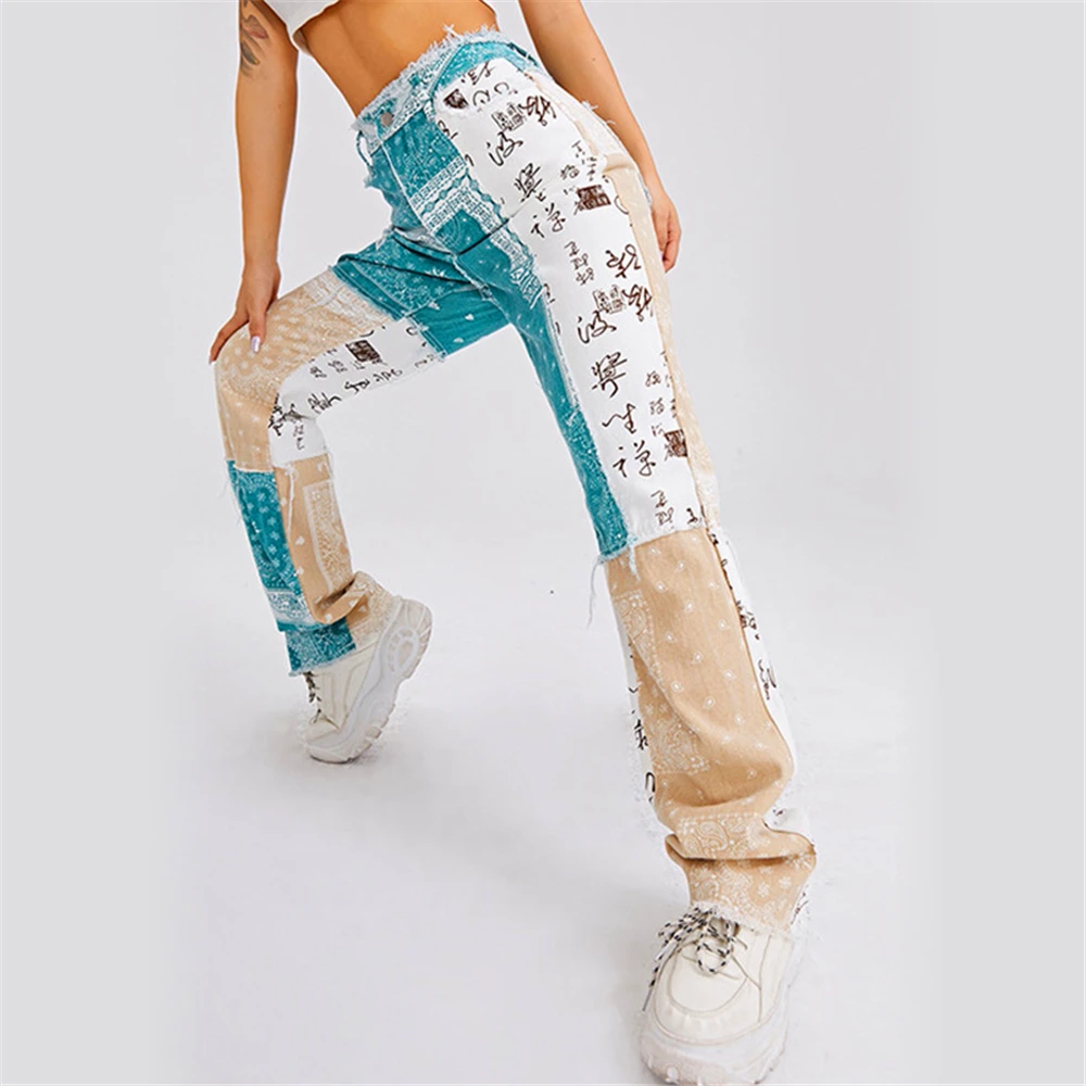 

Patchwork Straight Jeans Women High Waist Denim Trousers Sexy Color Block Blue printing stitching Denim Wide Leg Pants Female