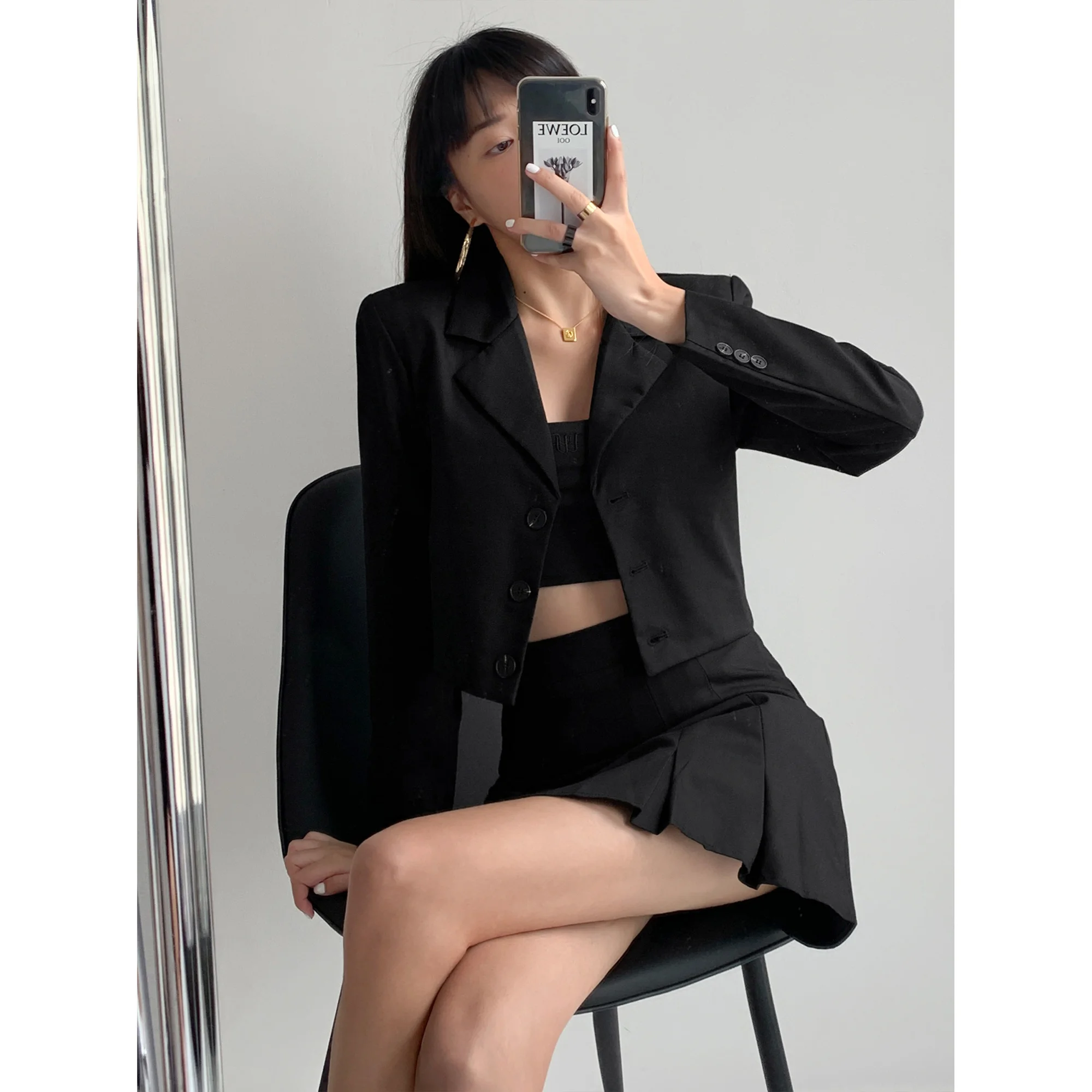 

Крутой женский костюм с высокой талией в пупке, стильный короткий костюм, Топ с длинным рукавом