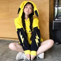 autumn and winter new stitching contrast color plus velvet lightning pikachu hooded sweater women korean style top