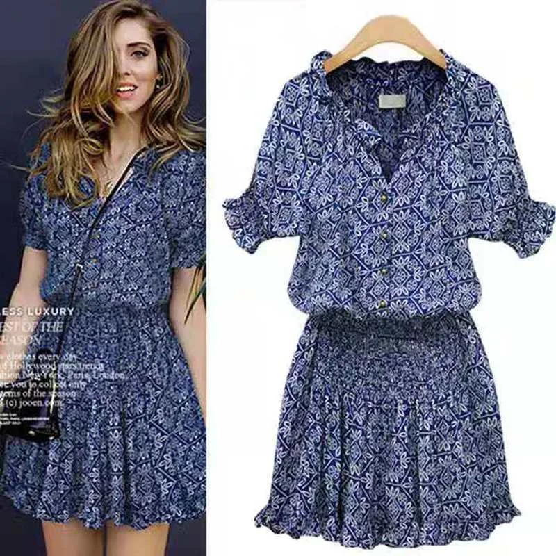 

Summer New Women's Blue Printed V-neck Short Sleeve Dress Short Skirt Dress Short Skirt A350