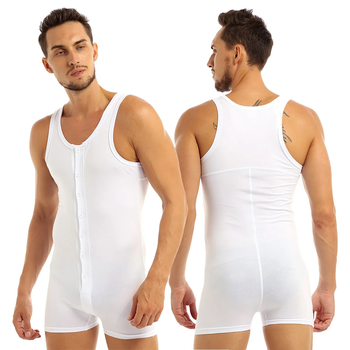 

Mens One-Piece Racerback Boxer Shorts Leotard Bodysuit Soft Cotton Sleeveless Tie-up Suit Sweater Underwear Nightwear Undershirt