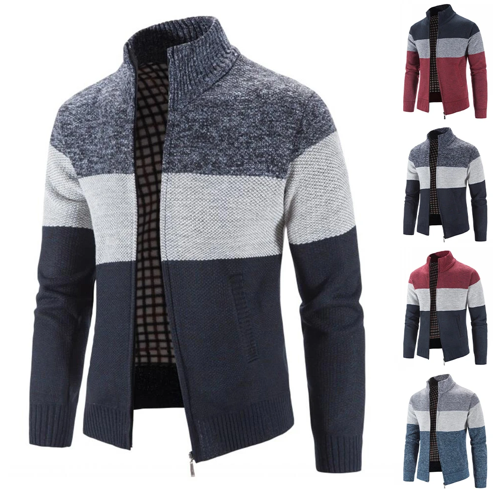

Zipper Stand Collar Sweater Mens Color Block Long Sleeve Coat Full Zip Jacket Winter Vintage Warm Tops Kintwear