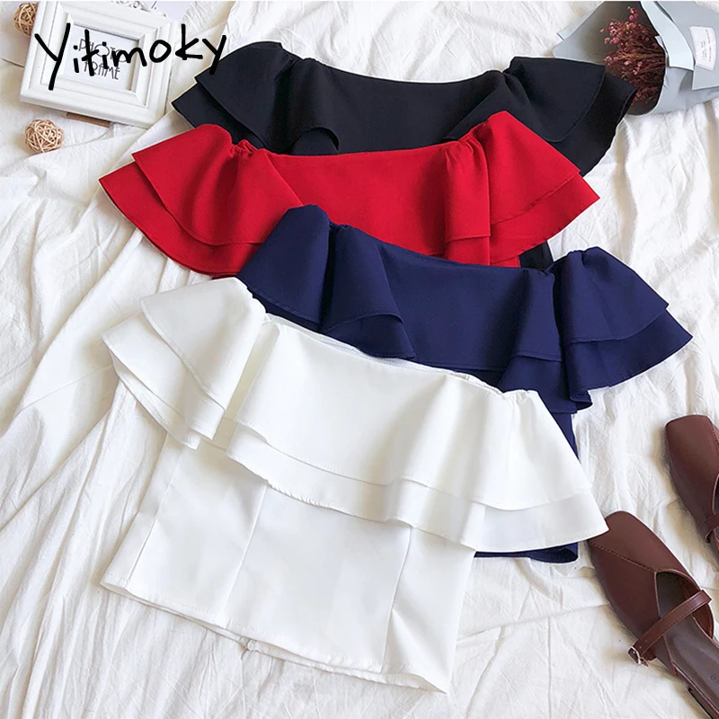 

Женская блузка Yitimoky, летняя рубашка без бретелек, с рукавом-бабочкой и вырезом-лодочкой, красного и белого цветов, 2021