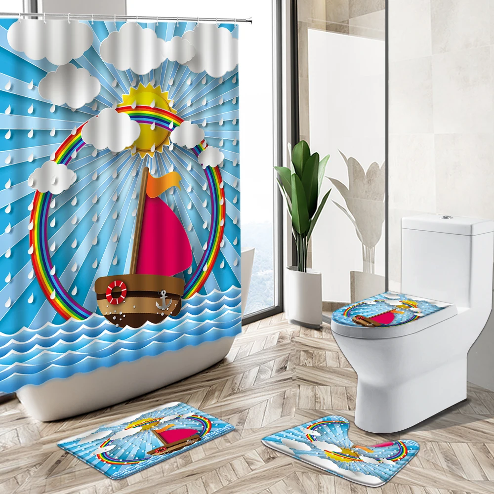 

Cartoon Summer Nautical Shower Curtain Waves Lighthouse Anchor Rainbow 3D Print Non-Slip Pedestal Rug Toilet Cover Bathroom Set