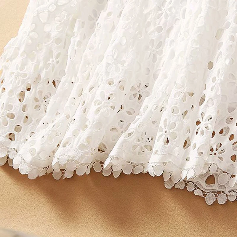 

ECRURANI Hollow Out White Dress For Women V Neck Half Sleeve High Waist Slim Elegant Solid Midi Dresses Female New 2021 Summer