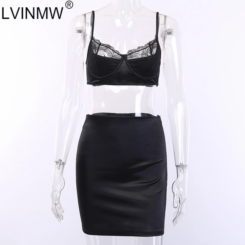 LVINMW сексуальный черный Шелковый комплект из двух частей кружевной лоскутный топ