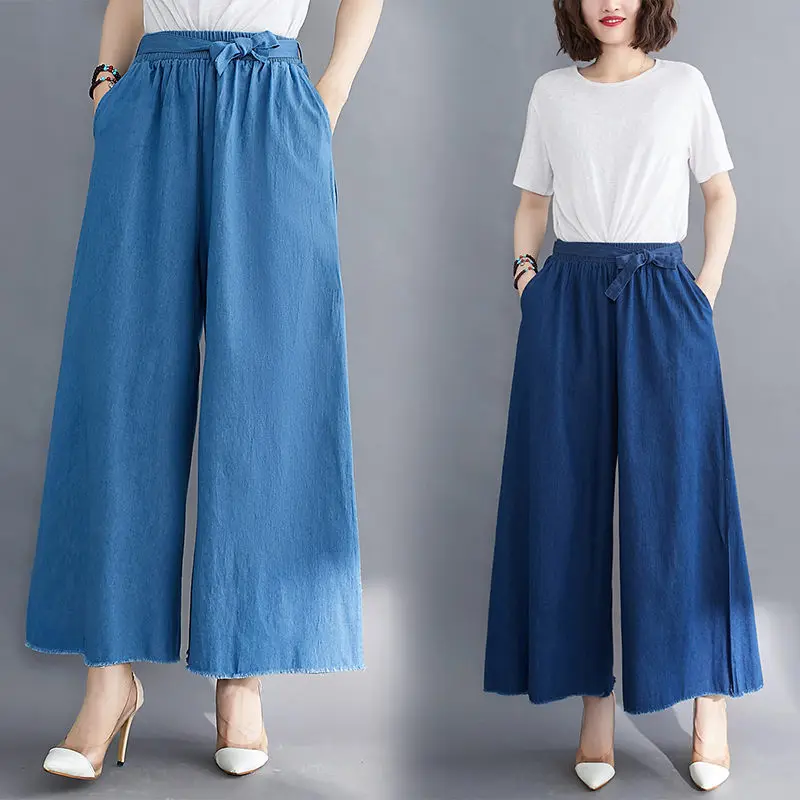 

2022 Summer New Women's Clothing Elastic Waist Wide-leg Pants Female Autumn Casual Denim Cropped Trousers aq947