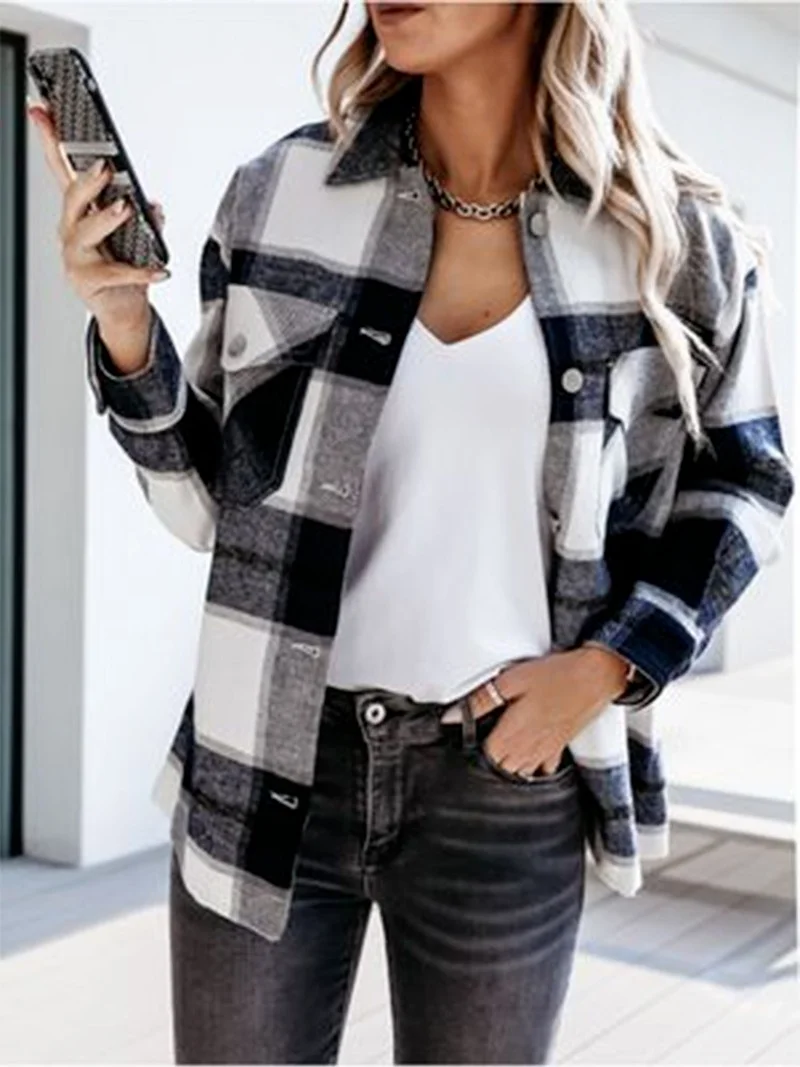 

Top100 Autumn Winter Long-sleeved Loose Plaid Shirt Jacket Women Blouses Shirts Blouse Women Plaid shirt cardigan women's jacket