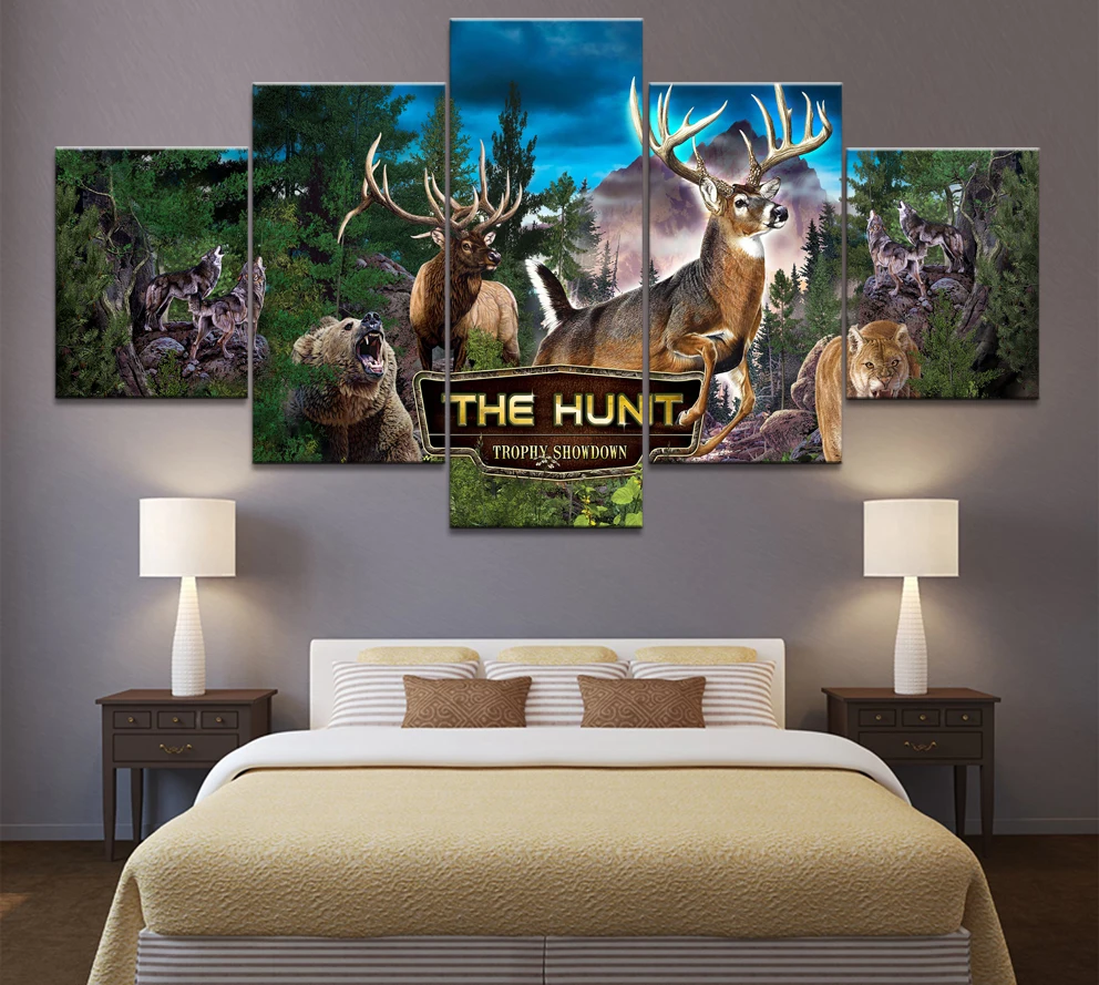 

Home Decor Printed Modern Canvas Living Room HD Pictures 5 Panel Canvas animal Jungle Landscape Modular Painting Wall Poster