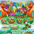 Динозавр вечеринка-искусственная посуда для вечерние, воздушные шары динозавра, бумажная солома, декор для вечеринки, баннер джунглей, сумки для конфет