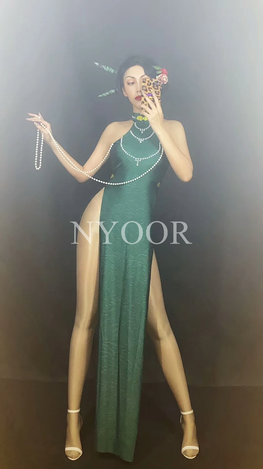 

Vintage Cheongsam 3D Print Green Beaded Sleeveless Split Long Dress Sexy Nightclub Singer Stage Performance Costume Stage Wear