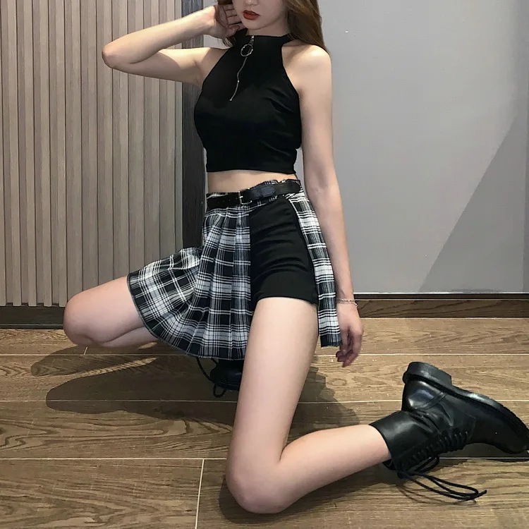 New Summer Plaid Skirt Women Skirt Harajuku Gothic Black Sexy High Waist Pleated Skirt Punk Girl's Skirt with Shorts 2020 women harajuku sweet fresh feeling high waist pleated skirt elastic waist cross embroidery skirt black skirt pleated skirt