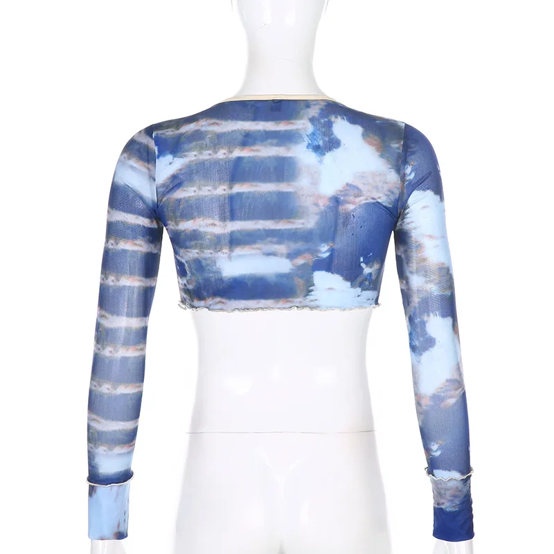 

Y2k Top Aesthetics Tie Dye Ruched Crop Tops Vintage E-girl V-neck Long Sleeve Ruffles Anomalistic Hem T-Shirts 90s Punk Tee