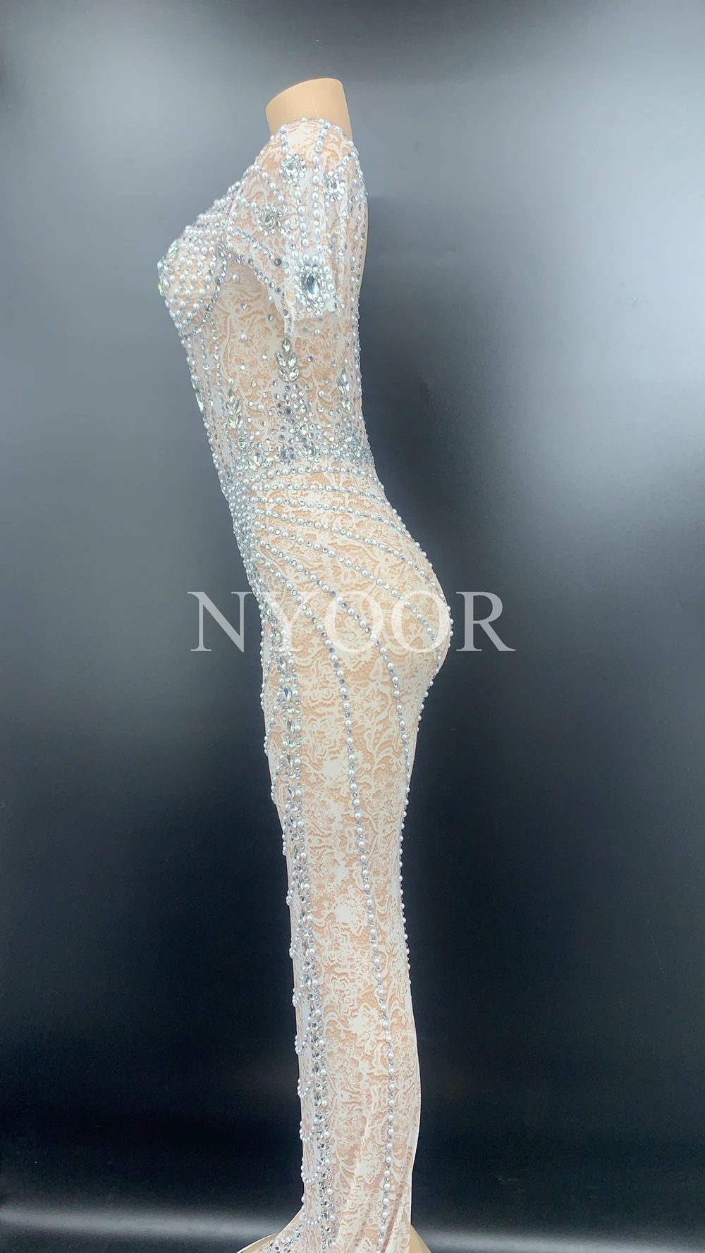 New Short Sleeve Pearls Rhinestones Long Dress Women Prom Party Celebrate Dresses Sexy Transparent Evening Bodycon | Тематическая