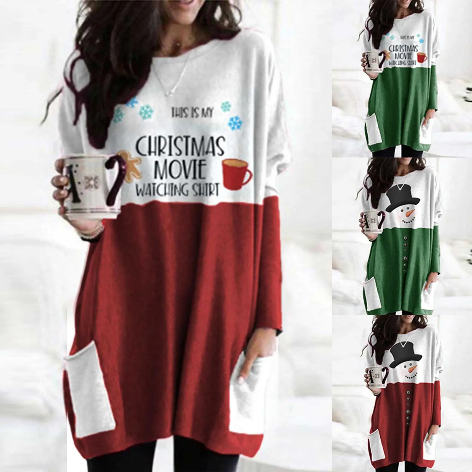 

2020 Autumn Winter Women Casual Christmas Snowman Snowflake Pocket Long Blouse Party Pullover Hoodies