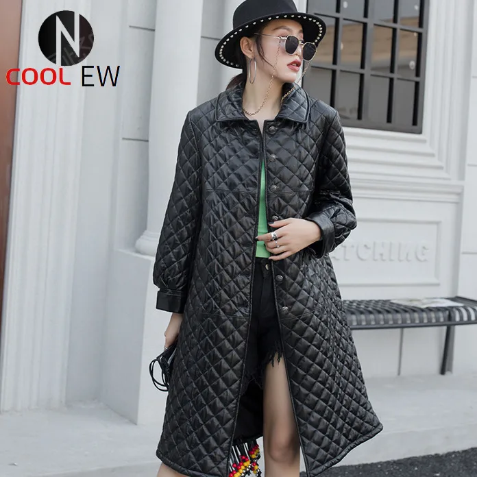 

Winter Women Long Sheepskin Trench Coat Slim Fit Rhombus Plaid Thick Warm Genuine Leather Jacket Windbreaker Outerwear Overcoat