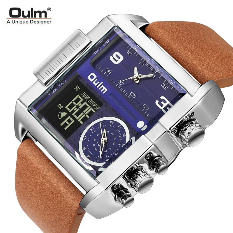 

Oulm Sport LED Digital Watches Men Luxury Brand Three Time Zone Quartz Watch Big Dial Dual Display Male Leather Wristwatch