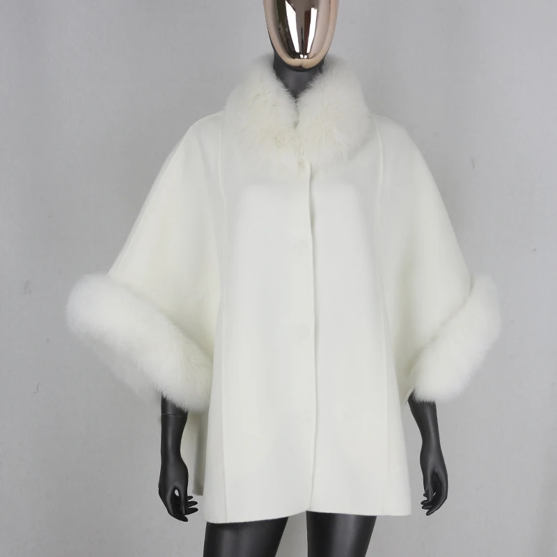 

2021 New White Cloak Cashmere Wool Blends Real Fur Coat Winter Jacket Women Natural Fox Fur Collar and Cuffs Streetwear