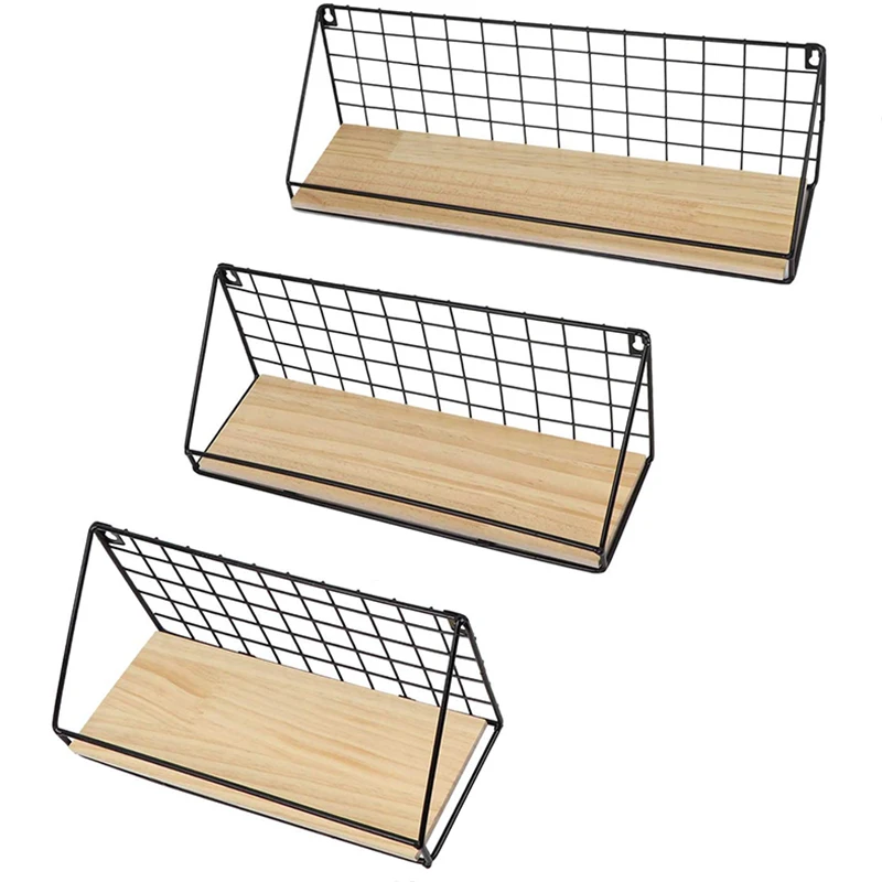 

Настенный Набор из 3 полок, деревянные настенные полки с проволочной витриной для спальни