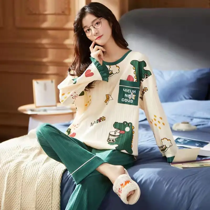 Women Pajamas Autumn Couple Lovers Matching Family Pijama Long Pants Japan Kawaii Cartoon Dinosaur Pattern Men's Sleepwear