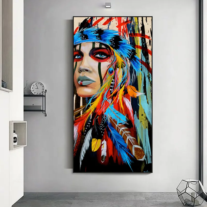

Modern Home Decor Canvas Painting Feather Warrior African Woman Wall Art Pictures For Living Room Abstract Posters And Prints