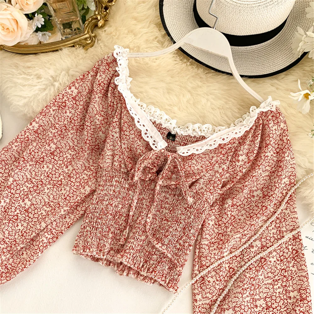 Осень 2020 новинка корейский стиль на шнуровке шифон кружево длинный рукав с