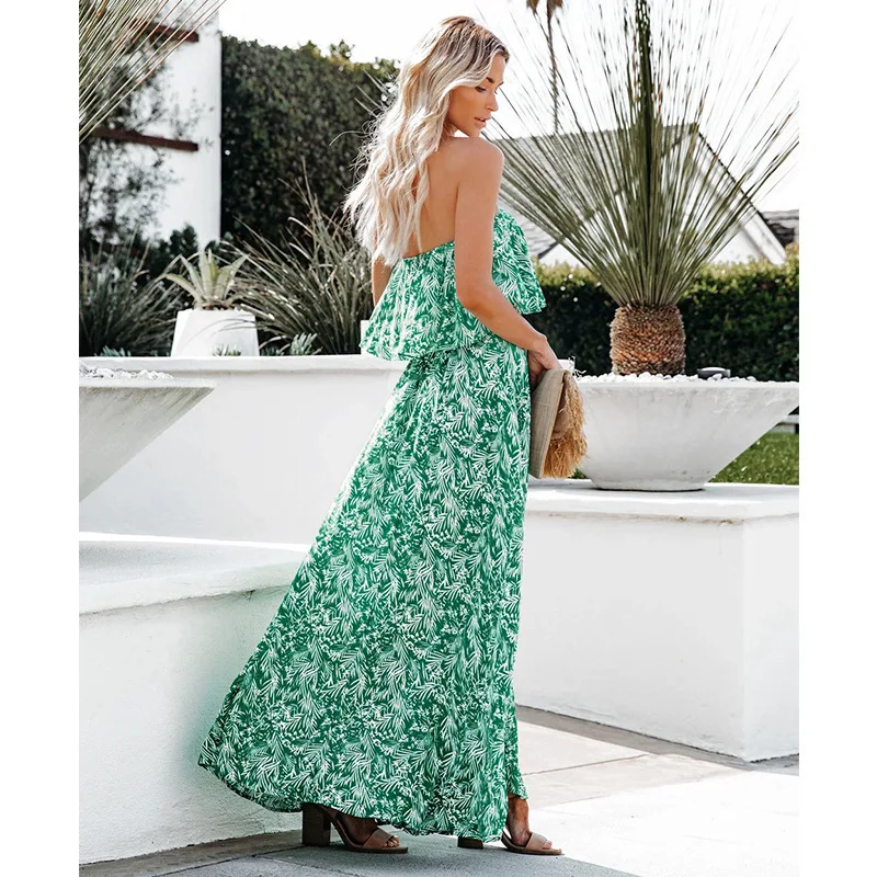 

Fashionable Sleeveless Long Skirt Wrapped Chest Printed Split Dress Chiffon Midi Floral Dresses For Spring Summer Women's 2021