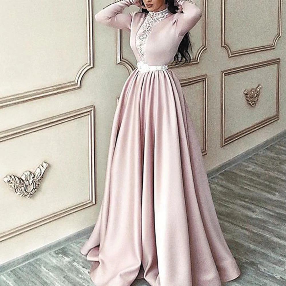 

SuperKimJo Vestidos Arabic Prom Dresses Long Sleeve Satin High Neck Beaded Vintage Pink Muslim Prom Gown Robes De Bal
