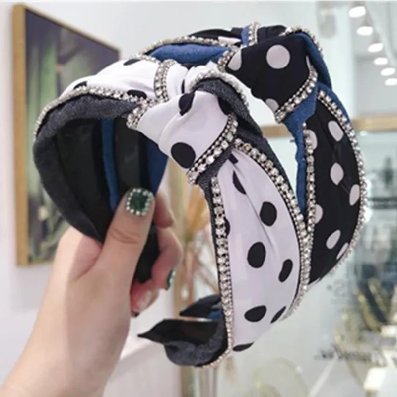 

Pokla Dots Print Crystals Headbands Hairband Women Color Blocking Denim Wide Head Band Adults Top Knot Bow Headband Hair Hoop