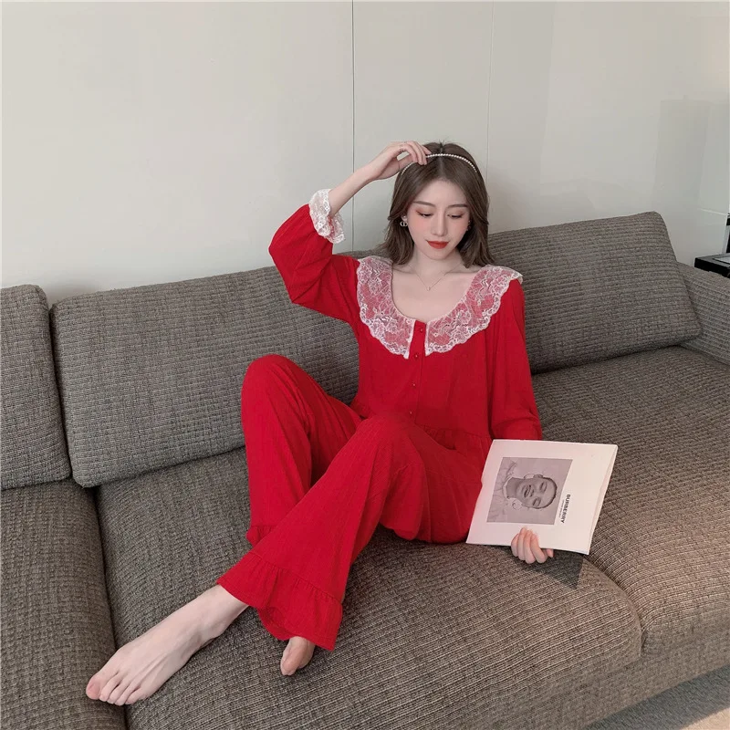 Pajamas Women's New Spring And Autumn Pits Cotton Comfortable Lace Sexy Palace Style Temperament Long-Sleeved Suit Home Service