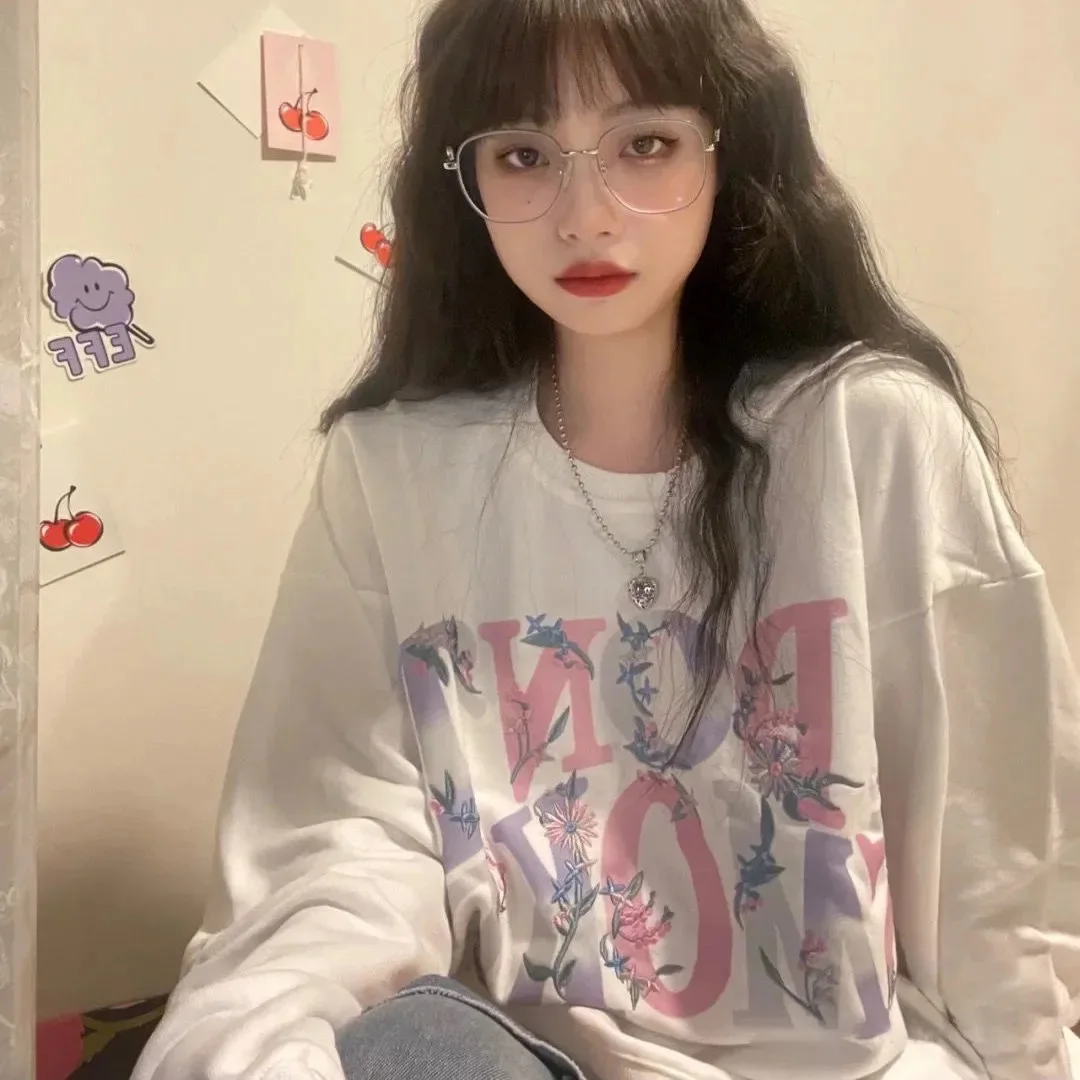 

Letter Printing Sweatshirts For Women Hoodie Thin 2021 Autumn Female White Oversized Hoodies Teen Girl Crewneck Long Sleeve Tops