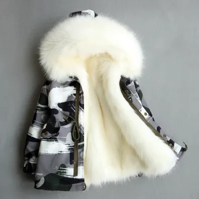 Camo Grey White Пальто с мехом для девочек; куртка с искусственным лисьим мехом; зимняя детская одежда; камуфляжная верхняя одежда для мальчиков и девочек; детское меховое пальто; TZ155 - Цвет: Camo Grey White