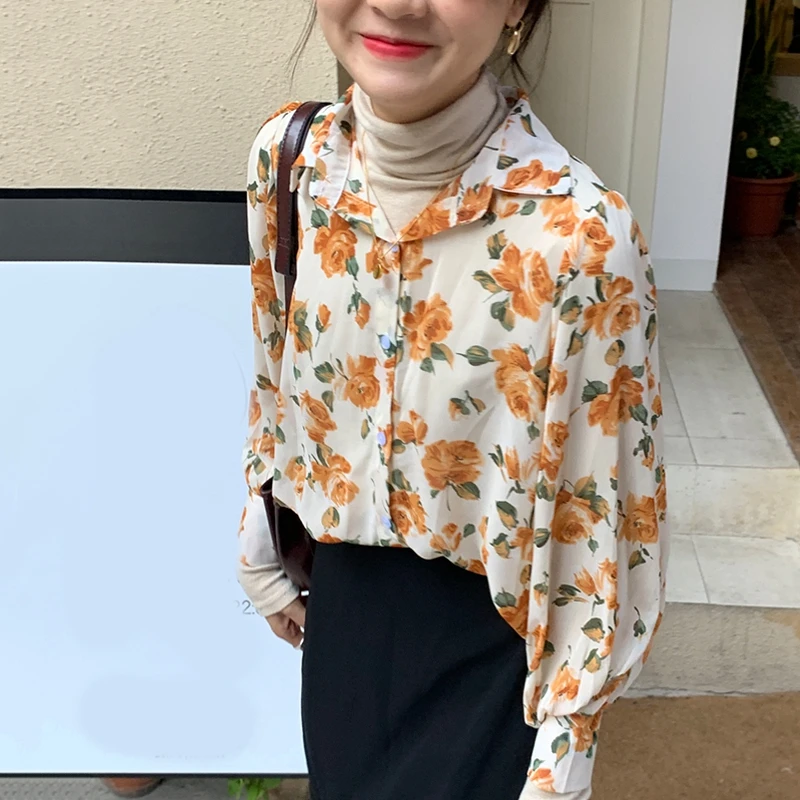 RICININA женская блузка с цветочным принтом отворотом длинный пышными рукавами