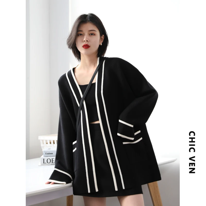 

Женский вязаный кардиган составного кроя, плотный теплый свободный свитер в Корейском стиле, Осень-зима 2021