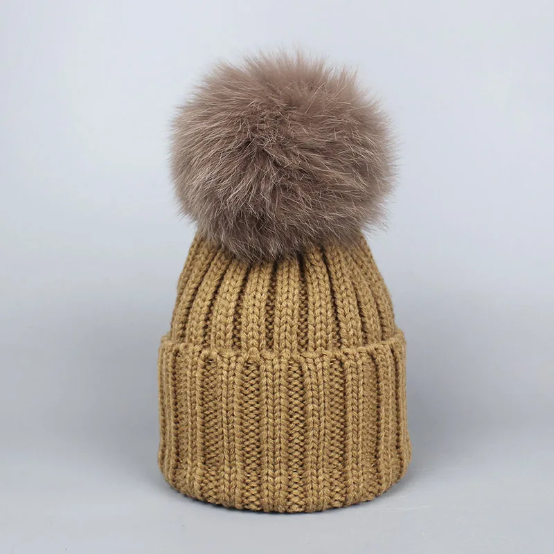 Khaki-Hat Осень-зима, детский, взрослый, леди, помпон из лисьего меха, женская вязаная шапка, шапка, шарф, набор, детский, Soild, вязаный крючком, большой помпон, шапки, s - Цвет: Khaki-Hat