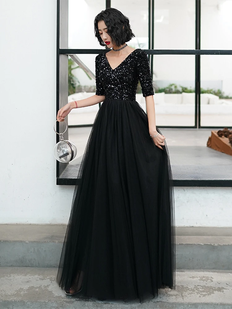 Женское вечернее платье с блестками AE754 черное элегантное длинное V-образным