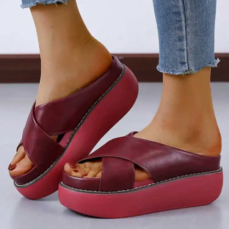 

2021 New Women's Shoes Fashion Casual Simple PU Leather Open-toe Fashion Edge Wedge Heel Comfortable All-match Sandals 1KB122