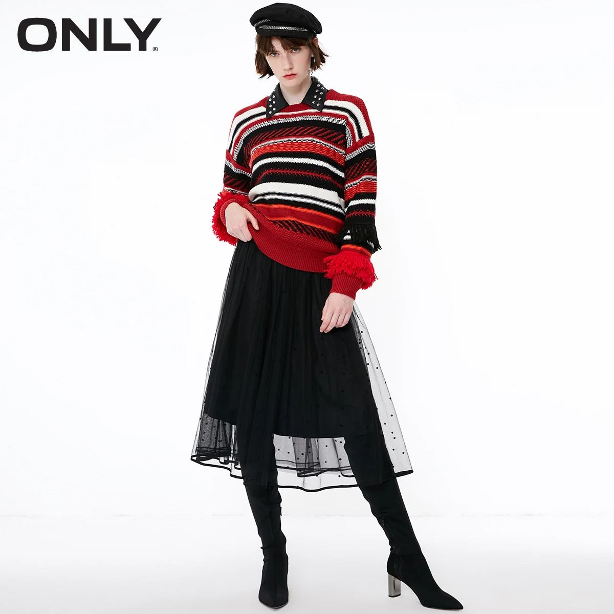 ONLY Women Winter Autumn Contrasting Stripe tassels Knitted Sweater| 118413512 |