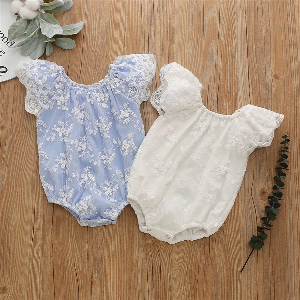 

WenaZao Newborn Toddler Baby Girl Infants Lace Decoration Floral Flying Short Sleeve Romper Round Collar Mesh Cute Sweet Clothes