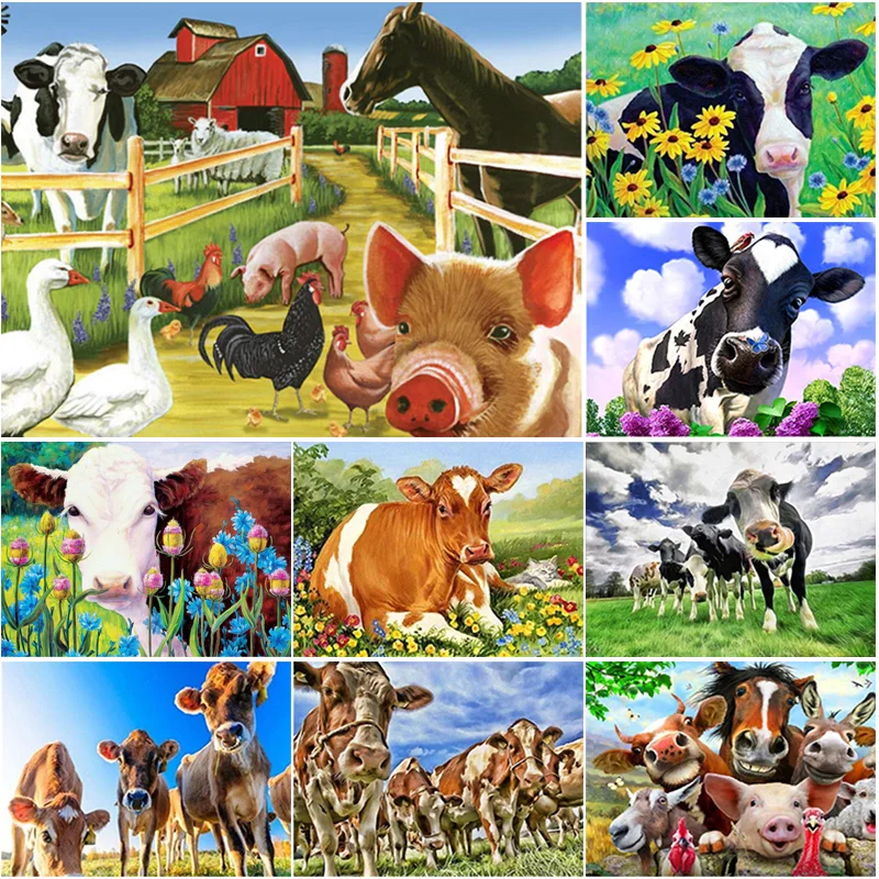 

Full Round Drill Wall Hanging Painting With Diamonds Animal Cow Cross Stitch Rhinestone Embroidery Mosaic Art Manual Home Decor