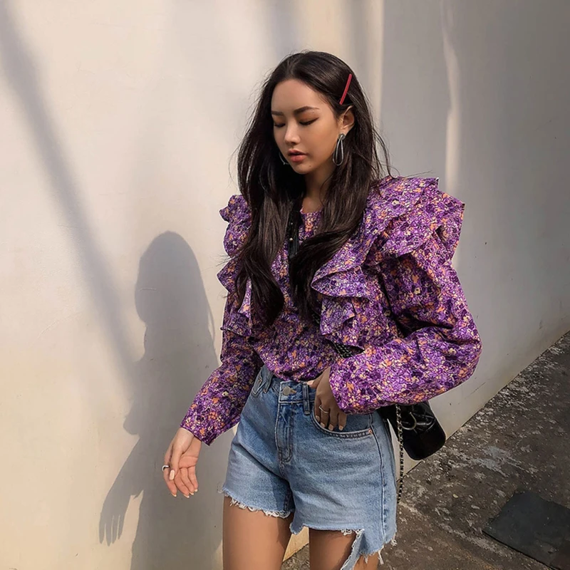 Блузка женская с цветочным принтом винтажная зеленая рубашка оборками корейский